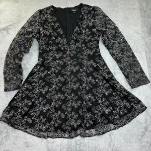 Lulus Black Metallic Floral Lace Dress Women’s Large Long Sleeve Fit & Flare